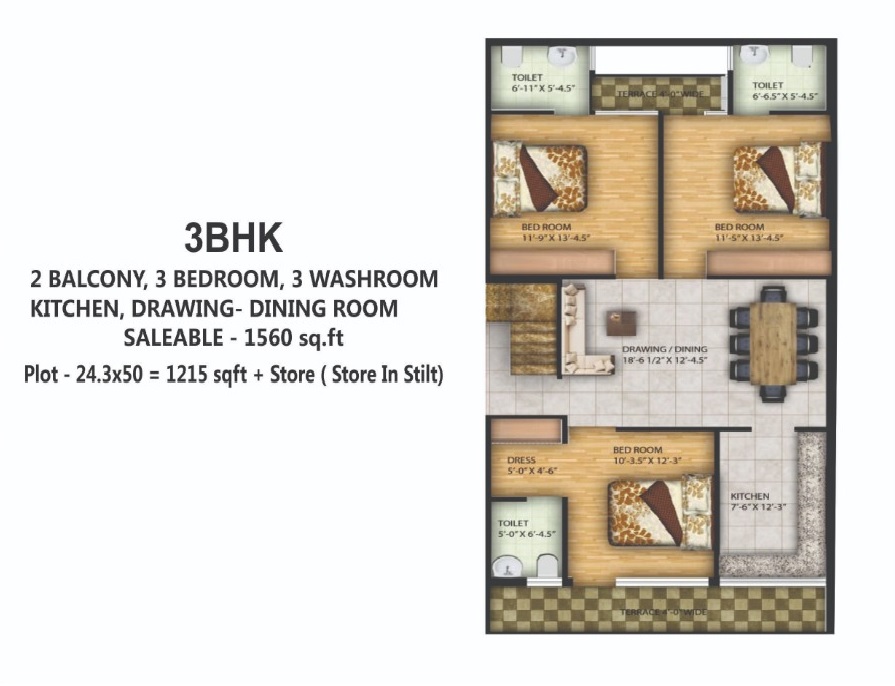 Sunshine Enclave 3 BHK Floor Plan 1560 SQ Ft